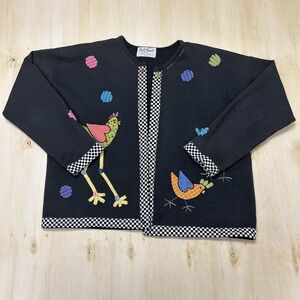 Vintage Scott August Cardigan Sweater Womens XL Black Chicken Applique Button